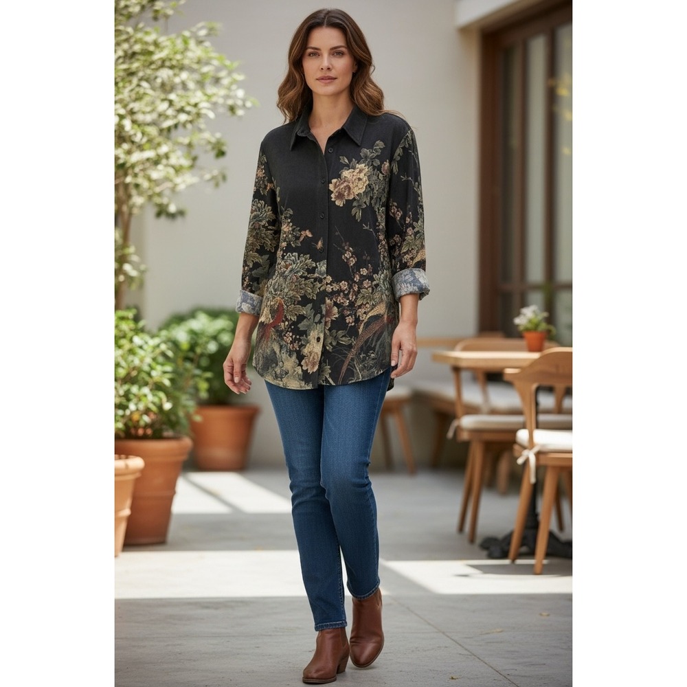 Soft Surroundings Faux Suede Floral Pheasant Print Tunic Shirt Black PL‎ 3FQ61